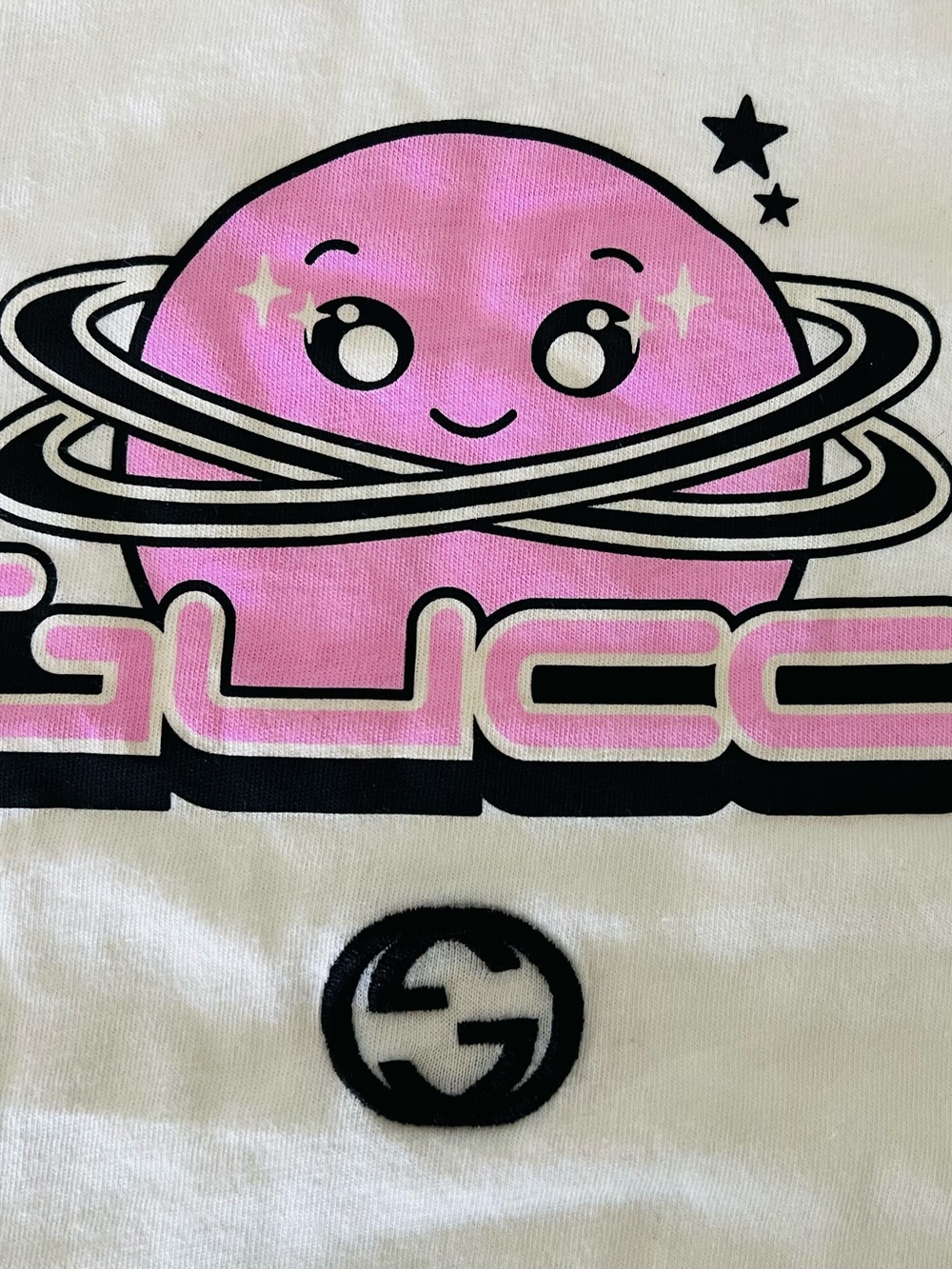 AUTH+BNWT GUCCI Ladies White Tee with Black Raglan Sleeves & Pink Planet Graphic - Picture 2 of 7
